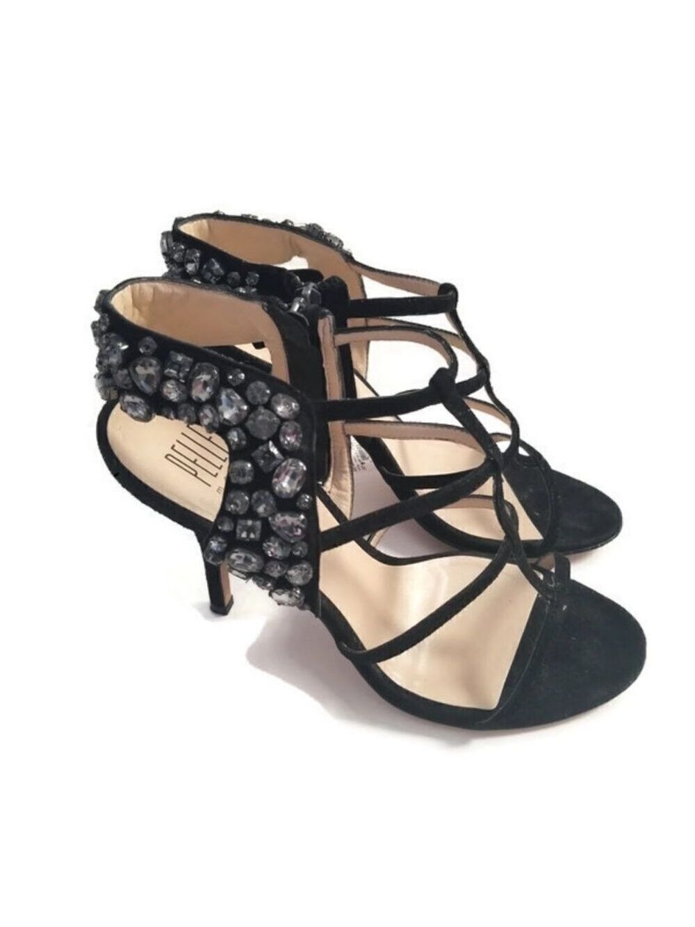 New PELLE MODA | suede heels black shoes t- straps crystals sz 10M